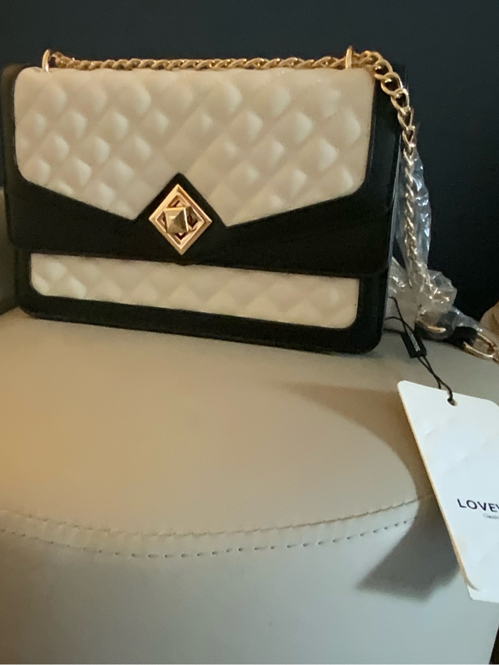 Quilted Cream & Black Chain Shoulder Bag